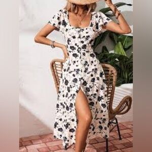 SHEIN Blue and White Floral Midi Dress